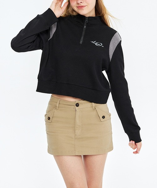 HOOK(フック)の「【HOOK】for girls 肩切り替えハーフジップ(スウェット・レディース・グレー/ブラック・L/M/S)」の1枚目の写真