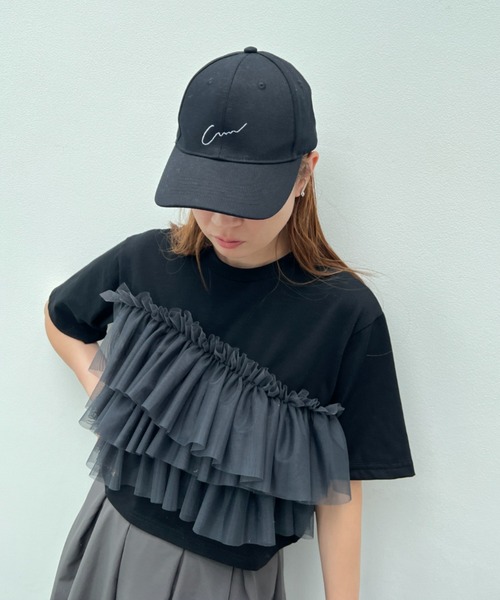 y/m（イム）の「チュールドッキングクロップドＴシャツ（Tシャツ/カットソー・レディース・ホワイト/ブラック・FREE）」の2枚目の写真