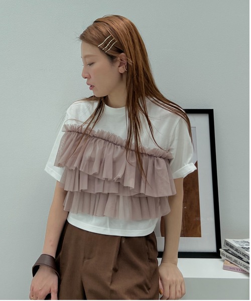 y/m（イム）の「チュールドッキングクロップドＴシャツ（Tシャツ/カットソー・レディース・ホワイト/ブラック・FREE）」の3枚目の写真