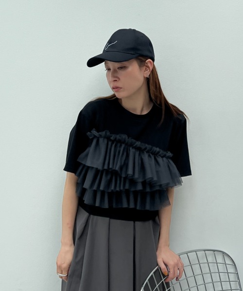 y/m（イム）の「チュールドッキングクロップドＴシャツ（Tシャツ/カットソー・レディース・ホワイト/ブラック・FREE）」の10枚目の写真