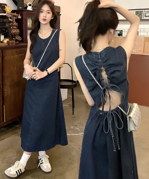 OSYAREVO(オシャレボ)の「バックシャン デニム ロングワンピース(ワンピース・レディース・ネイビー・ONESIZE)」の1枚目の写真