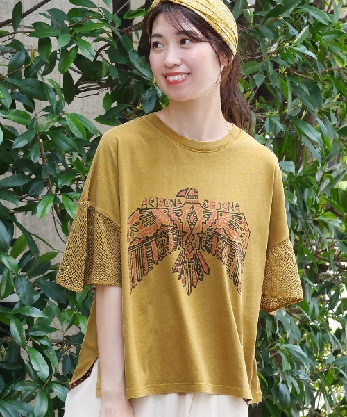 チチカカ(チチカカ)の「プリントメッシュスリーブTシャツ(Tシャツ/カットソー・レディース・チャコールグレー/ベージュ/マスタード・FREE)」の3枚目の写真