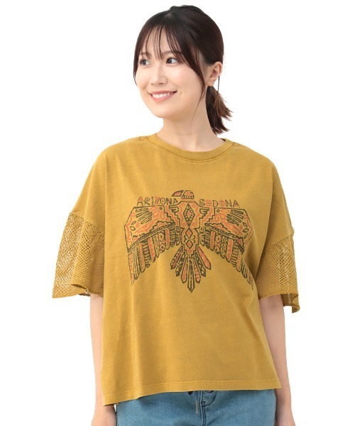 チチカカ(チチカカ)の「プリントメッシュスリーブTシャツ(Tシャツ/カットソー・レディース・チャコールグレー/ベージュ/マスタード・FREE)」の16枚目の写真