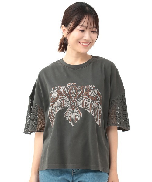 チチカカ(チチカカ)の「プリントメッシュスリーブTシャツ(Tシャツ/カットソー・レディース・チャコールグレー/ベージュ/マスタード・FREE)」の18枚目の写真