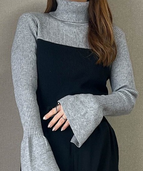 RANAN(ラナン)の「もちもちムースタッチフレア袖配色リブニット(ニット/セーター・レディース・ベージュ系その他/ベージュ系/ブラック×グレー/ホワイト×ブラック/その他/ベージュ×ブラック・S/M/L/LL)」の2枚目の写真