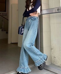 i-dare（アイディア）の「【i-dare】フリル デザイン フレア ワイドパンツ（デニムパンツ）」