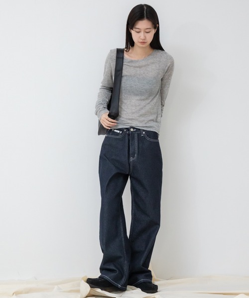 HEILIS(ヘイリス)の「袖シャーリングシアートップス / ロンT 長袖 カットソー メランジ 春服 夏服 秋服 レイヤード 透け感 シアー ギャザー(Tシャツ/カットソー・レディース・アイボリー/ブラック/ブルー/グレー/オレンジ・FREE)」の20枚目の写真