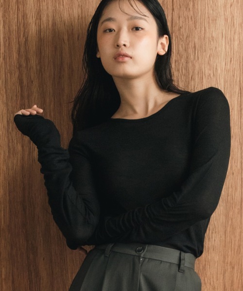 袖シャーリングシアートップス / ロンT カットソー メランジ 春