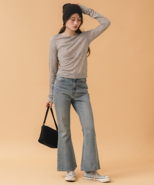 セール】袖シャーリングシアートップス / ロンT 長袖 カットソー