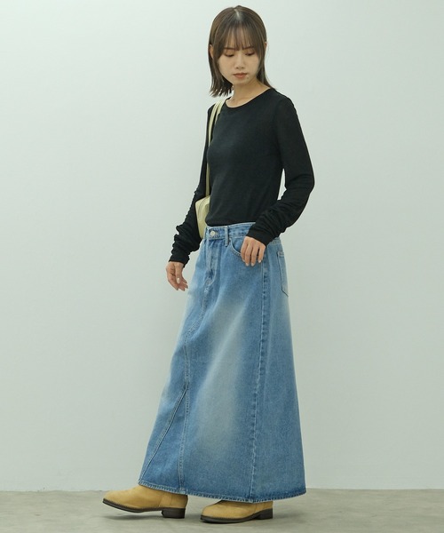 HEILIS(ヘイリス)の「袖シャーリングシアートップス / ロンT 長袖 カットソー メランジ 春服 夏服 秋服 レイヤード 透け感 シアー ギャザー(Tシャツ/カットソー・レディース・アイボリー/ブラック/ブルー/グレー/オレンジ・FREE)」の7枚目の写真