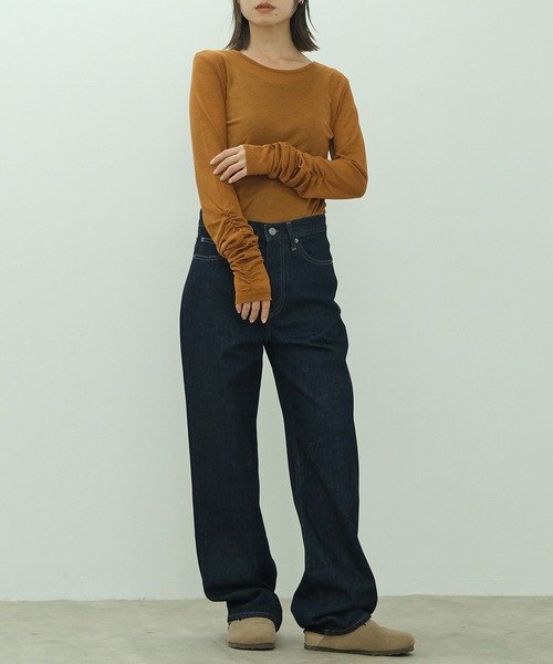 HEILIS(ヘイリス)の「袖シャーリングシアートップス / ロンT 長袖 カットソー メランジ 春服 夏服 秋服 レイヤード 透け感 シアー ギャザー(Tシャツ/カットソー・レディース・アイボリー/ブラック/ブルー/グレー/オレンジ・FREE)」の21枚目の写真