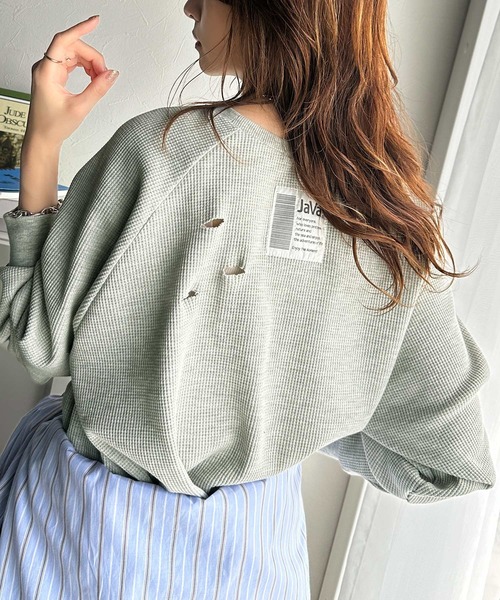Java(ジャバ)の「《Javaジャバコラボ》今シーズン大注目!バックJavaネーム付きダメージワッフルロンT(Tシャツ/カットソー・レディース・パープル/アイボリー/ブラック/杢グレー・X-LARGE/MEDIUM/SMALL/LARGE)」の3枚目の写真