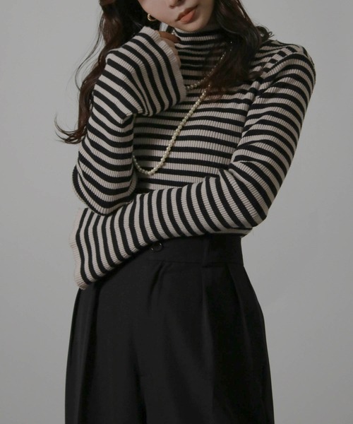 Social GIRL（ソーシャルガール）の「フレア袖ハイネックボーダーニット リブニット（ニット/セーター・レディース・ブラウン/ブラック・M）」の15枚目の写真