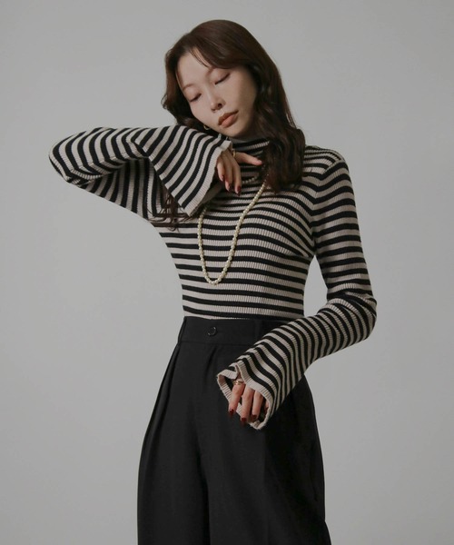 Social GIRL（ソーシャルガール）の「フレア袖ハイネックボーダーニット リブニット（ニット/セーター・レディース・ブラウン/ブラック・M）」の16枚目の写真