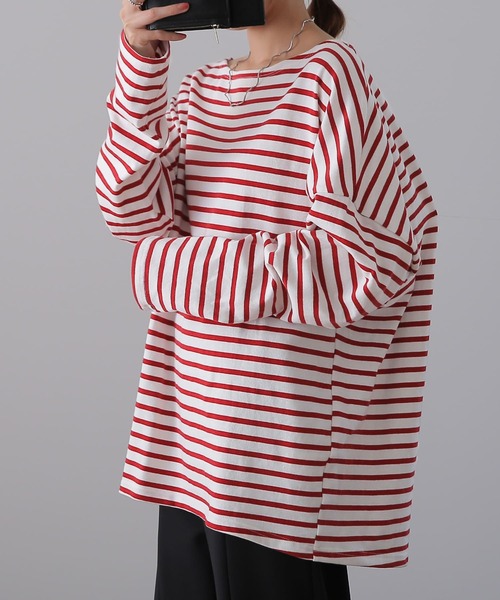 HUG.U(ハグユー)の「ボーダーカットソー(Tシャツ/カットソー・レディース・ホワイト/ブラウン/レッド/グリーン/ブラック・FREE)」の5枚目の写真