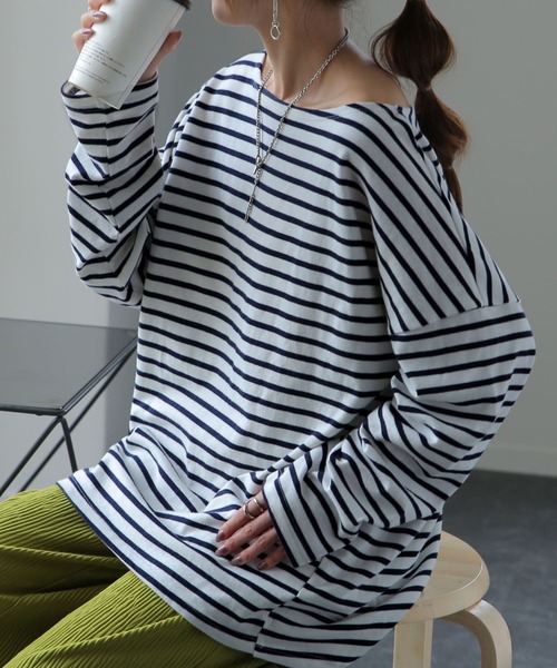 HUG.U(ハグユー)の「ボーダーカットソー(Tシャツ/カットソー・レディース・ホワイト/ブラウン/レッド/グリーン/ブラック・FREE)」の6枚目の写真