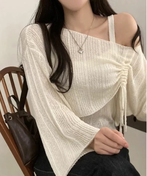 gossip！ロサンゼルス（ゴシップロサンゼルス）の「Y2K ワンオフショルダークロップニット+スリーブレスセット（ニット/セーター・レディース・ブラウン/ブラック/ブルー/ピンク/オフホワイト/アイボリー/カーキ/グリーン/ベージュ・FREE）」の5枚目の写真