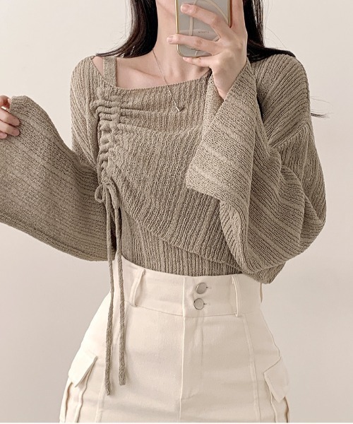 gossip！ロサンゼルス（ゴシップロサンゼルス）の「Y2K ワンオフショルダークロップニット+スリーブレスセット（ニット/セーター・レディース・ブラウン/ブラック/ブルー/ピンク/オフホワイト/アイボリー/カーキ/グリーン/ベージュ・FREE）」の14枚目の写真