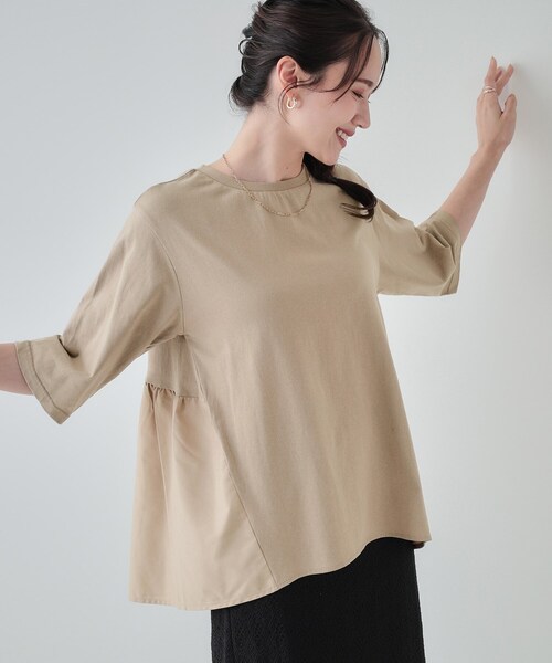 SHOO・LA・RUE（シューラルー）の「【洗える/5分袖】バックギャザー 異素材切替トップス（Tシャツ/カットソー・レディース・ブラック/ブルーグリーン/ベージュ・04/03/02/01）」の3枚目の写真