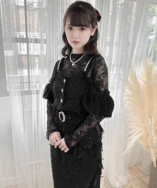 tシャツ ラメフェザービスチェ×レースTOPS SET レディース セール】ラメフェザービスチェ×レースTOPS SET（Tシャツ