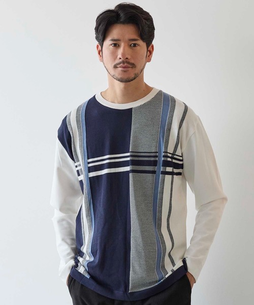 UNION STATION（ユニオンステーション）の「ニット×ポンチ パネル切り替え クルーネックロンT（Tシャツ/カットソー・メンズ・ネイビー/ホワイト系その他/ボルドー・M/L/LL）」の2枚目の写真