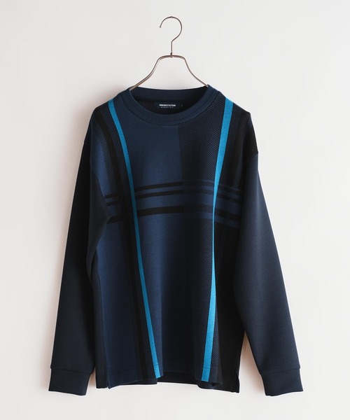 UNION STATION（ユニオンステーション）の「ニット×ポンチ パネル切り替え クルーネックロンT（Tシャツ/カットソー・メンズ・ネイビー/ホワイト系その他/ボルドー・M/L/LL）」の3枚目の写真