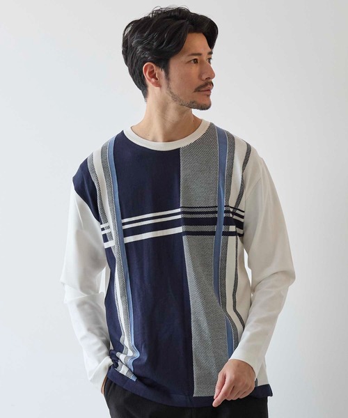 UNION STATION（ユニオンステーション）の「ニット×ポンチ パネル切り替え クルーネックロンT（Tシャツ/カットソー・メンズ・ネイビー/ホワイト系その他/ボルドー・M/L/LL）」の11枚目の写真