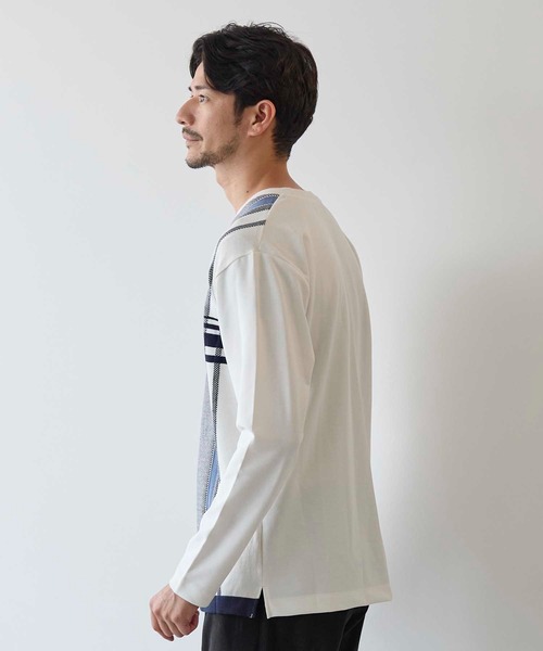 UNION STATION（ユニオンステーション）の「ニット×ポンチ パネル切り替え クルーネックロンT（Tシャツ/カットソー・メンズ・ネイビー/ホワイト系その他/ボルドー・M/L/LL）」の4枚目の写真