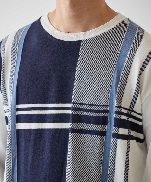 UNION STATION（ユニオンステーション）の「ニット×ポンチ パネル切り替え クルーネックロンT（Tシャツ/カットソー・メンズ・ネイビー/ホワイト系その他/ボルドー・M/L/LL）」の6枚目の写真