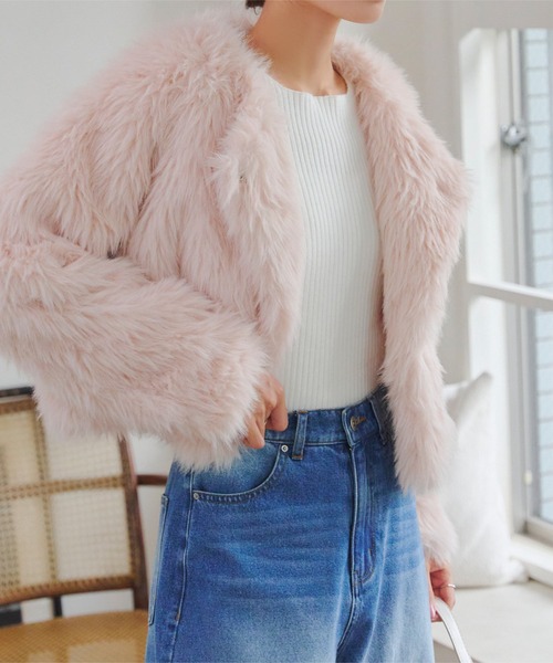 近年人気モデル/横段 クロップド/ショート 染め/カラー ファーコート 軽量毛皮 ロングファーショート丈コート [K1347] - レディース