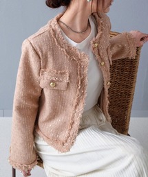 Rejoule（リジュール）の「ゴールド調ボタン ラメツイードショートジャケット（ノーカラージャケット）」