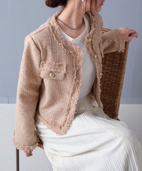 セール】ゴールド調ボタン ラメツイードショートジャケット（ノー
