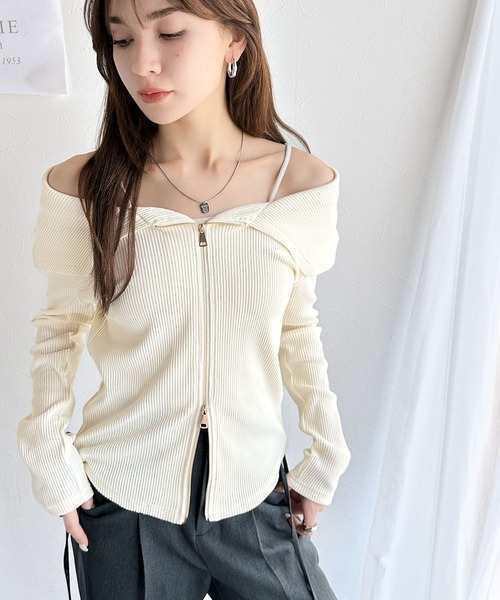 mily bilet(ミウィビレット)の「【mily bilet】トレンドの韓国風。高見えダブルジップオフショルカットソー(長袖)(Tシャツ/カットソー・レディース・ブルー/アイボリー/ブラック・MEDIUM/X-LARGE/SMALL/LARGE)」の11枚目の写真