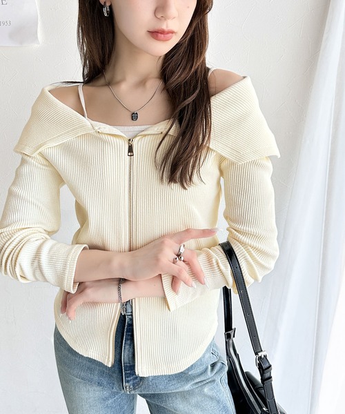 mily bilet(ミウィビレット)の「【mily bilet】トレンドの韓国風。高見えダブルジップオフショルカットソー(長袖)(Tシャツ/カットソー・レディース・ブルー/アイボリー/ブラック・MEDIUM/X-LARGE/SMALL/LARGE)」の13枚目の写真