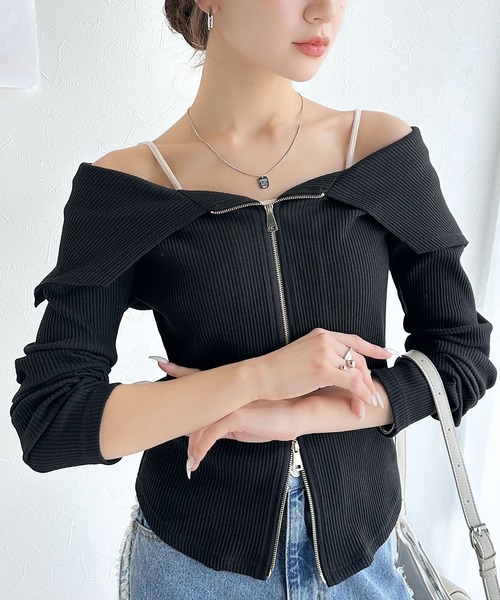 mily bilet(ミウィビレット)の「【mily bilet】トレンドの韓国風。高見えダブルジップオフショルカットソー(長袖)(Tシャツ/カットソー・レディース・ブルー/アイボリー/ブラック・MEDIUM/X-LARGE/SMALL/LARGE)」の18枚目の写真