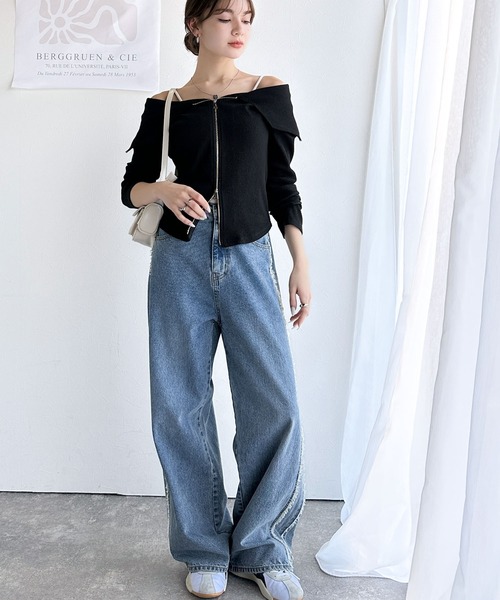 mily bilet(ミウィビレット)の「【mily bilet】トレンドの韓国風。高見えダブルジップオフショルカットソー(長袖)(Tシャツ/カットソー・レディース・ブルー/アイボリー/ブラック・MEDIUM/X-LARGE/SMALL/LARGE)」の17枚目の写真