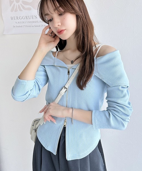mily bilet(ミウィビレット)の「【mily bilet】トレンドの韓国風。高見えダブルジップオフショルカットソー(長袖)(Tシャツ/カットソー・レディース・ブルー/アイボリー/ブラック・MEDIUM/X-LARGE/SMALL/LARGE)」の21枚目の写真