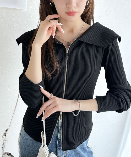 mily bilet(ミウィビレット)の「【mily bilet】トレンドの韓国風。高見えダブルジップオフショルカットソー(長袖)(Tシャツ/カットソー・レディース・ブルー/アイボリー/ブラック・MEDIUM/X-LARGE/SMALL/LARGE)」の6枚目の写真