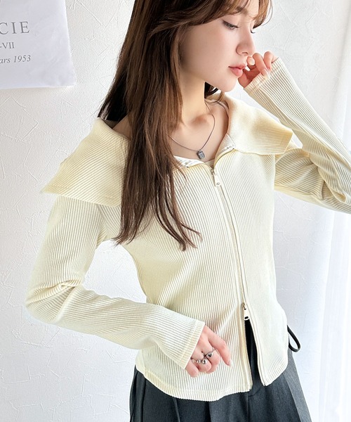 mily bilet(ミウィビレット)の「【mily bilet】トレンドの韓国風。高見えダブルジップオフショルカットソー(長袖)(Tシャツ/カットソー・レディース・ブルー/アイボリー/ブラック・MEDIUM/X-LARGE/SMALL/LARGE)」の4枚目の写真