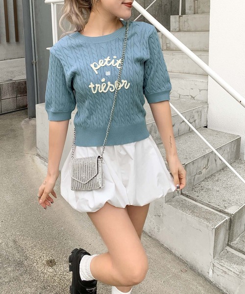 mily bilet(ミウィビレット)の「【mily bilet】上品フェミニン。コード刺繍ケーブル柄サマーニット(Tシャツ/カットソー・レディース・アイボリー/ブルー/グレー・LARGE/MEDIUM/SMALL/X-LARGE)」の18枚目の写真