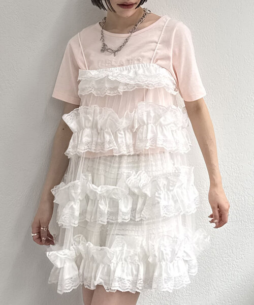 w closet（ダブルクローゼット）の「レースティアードキャミ（ワンピース・レディース・オフホワイト/ブラック・FREE）」の4枚目の写真