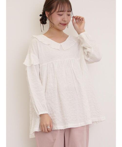 Samansa Mos2（サマンサ モスモス）の「襟フリルVネックチュニック（シャツ/ブラウス・レディース・ブラック/オフホワイト/ミント/イエロー・F）」の2枚目の写真