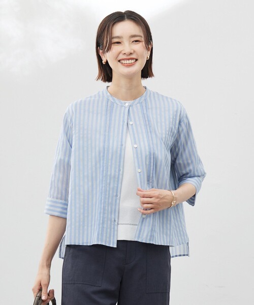 J.PRESS Ladies（J.プレス レディス）の「【洗える】シアーピンストライプ ブラウスライク カットソー（Tシャツ/カットソー・レディース・ダークブラウン系1/イエロー系1/サックスブルー系1・SMALL）」の3枚目の写真