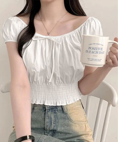 kirakiraShop(キラキラショップ)の「シャーリング オフショルダー ブラウス 半袖(シャツ/ブラウス・レディース・ブラック/ホワイト/チェック・FREE)」の10枚目の写真