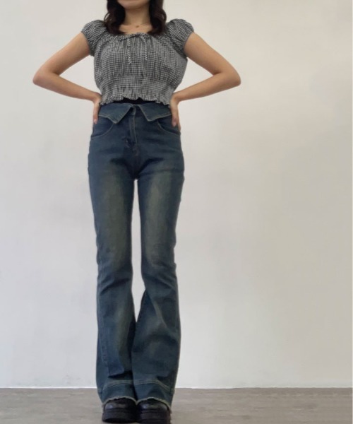 kirakiraShop(キラキラショップ)の「シャーリング オフショルダー ブラウス 半袖(シャツ/ブラウス・レディース・ブラック/ホワイト/チェック・FREE)」の12枚目の写真