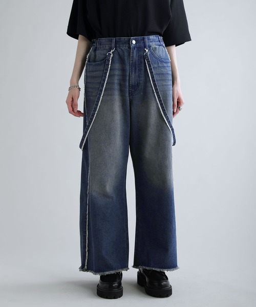 SOCCE(ソーシー)の「ハイウエストワイドフリンジサスペンダーデニム(デニムパンツ・メンズ・ブルー/ダークグレー・M/S/XL/L)」の8枚目の写真