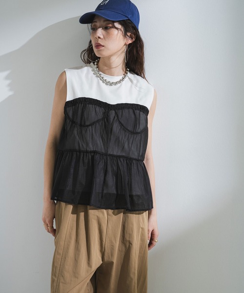 bohmal（ボマール）の「ビスチェレイヤード風フレンチスリーブトップス（Tシャツ/カットソー・レディース・ホワイト×ブラック/ブラック×ブラック・FREE）」の10枚目の写真