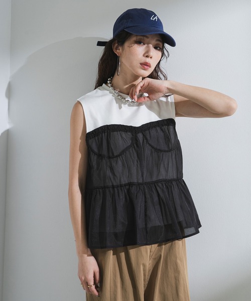 bohmal（ボマール）の「ビスチェレイヤード風フレンチスリーブトップス（Tシャツ/カットソー・レディース・ホワイト×ブラック/ブラック×ブラック・FREE）」の11枚目の写真