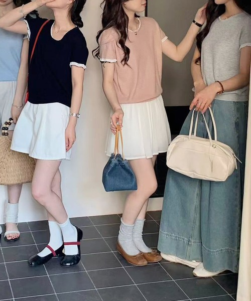 BANICO（バニコ）の「ラウンドネックシンプル半袖ニットトップス (SS)（ニット/セーター・レディース・ネイビー/グレー/ライトベージュ/ピンク/ブルー・FREE）」の6枚目の写真