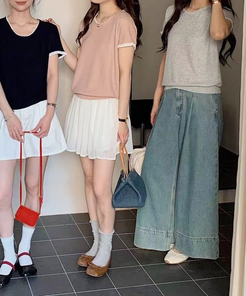 BANICO（バニコ）の「ラウンドネックシンプル半袖ニットトップス (SS)（ニット/セーター・レディース・ネイビー/グレー/ライトベージュ/ピンク/ブルー・FREE）」の7枚目の写真